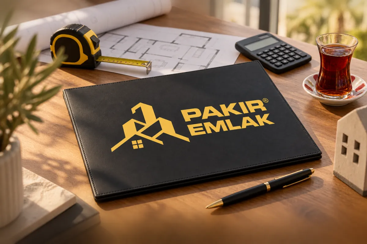 Değerleme masasında Pakır Emlak logolu dosya, şerit metre, hesap makinesi ve çay